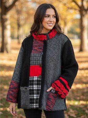 Ali Miles Black & Red Patchwork Lagenlook Jacket/ Coat New 3X